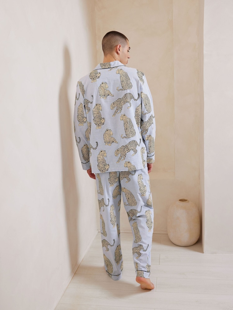 Chelsea Peers Blue Trouser Pyjamas Seersucker Cotton Leopard Stripe Print Long Pyjamas Set - Image 2 of 5 Chelsea Peers Blue Trouser Pyjamas Seersucker Cotton Leopard Stripe Print Long Pyjamas Set - Image 2 of 5