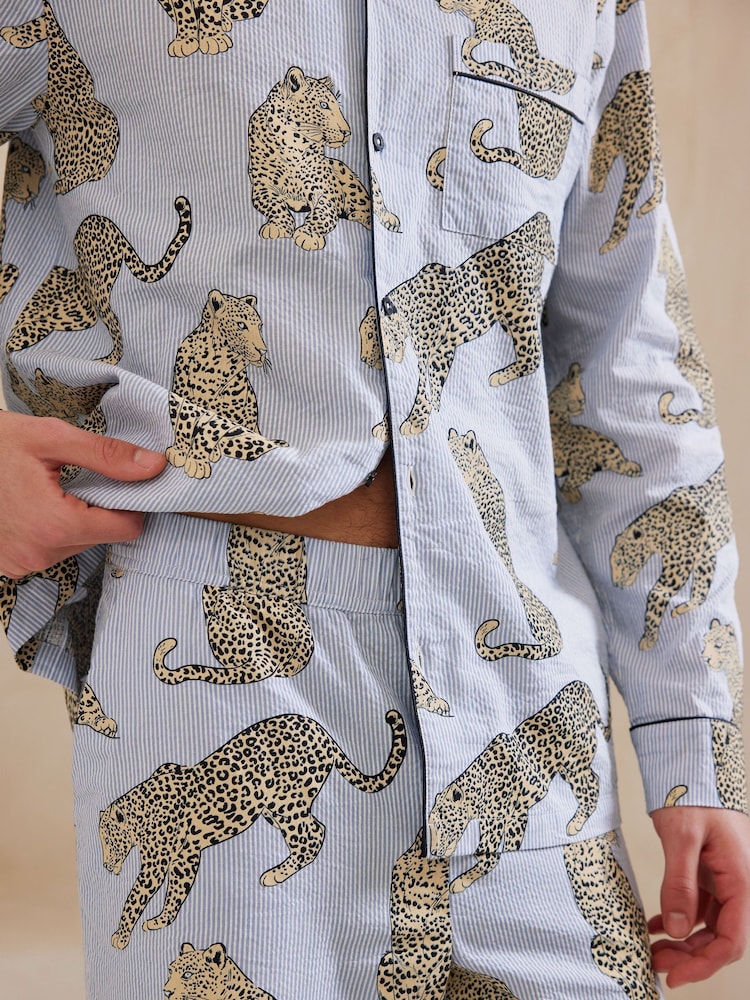 Chelsea Peers Blue Trouser Pyjamas Seersucker Cotton Leopard Stripe Print Long Pyjamas Set - Image 5 of 5 Chelsea Peers Blue Trouser Pyjamas Seersucker Cotton Leopard Stripe Print Long Pyjamas Set - Image 5 of 5