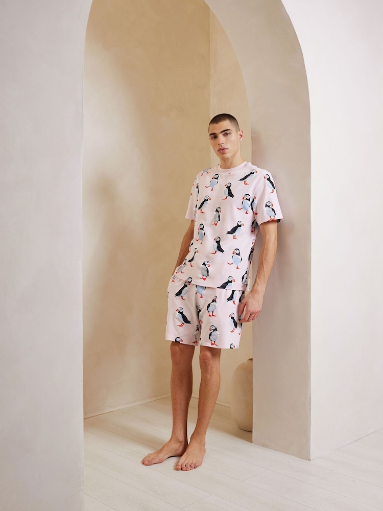 Chelsea Peers Pink Cotton Puffin Print Short Pyjamas Set - Image 1 of 5