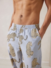 Chelsea Peers Blue Seersucker Cotton Leopard Stripe Print Long Pyjama Bottoms - Image 4 of 5