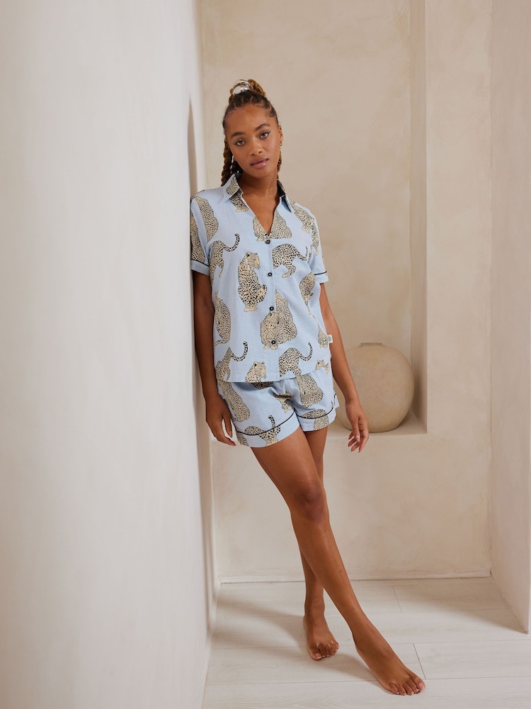 Chelsea Peers Blue Short Pyjamas Maternity Seersucker Cotton Leopard Stripe Print Short Pyjamas Set - Image 1 of 5