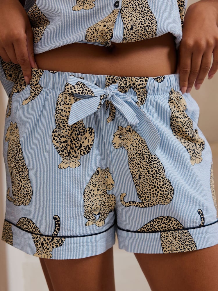 Chelsea Peers Blue Short Pyjamas Maternity Seersucker Cotton Leopard Stripe Print Short Pyjamas Set - Image 2 of 5