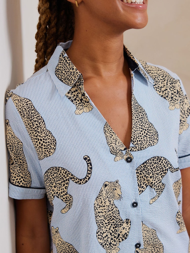 Chelsea Peers Blue Short Pyjamas Maternity Seersucker Cotton Leopard Stripe Print Short Pyjamas Set - Image 4 of 5