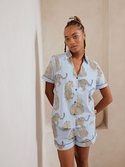 Chelsea Peers Blue Short Pyjamas Maternity Seersucker Cotton Leopard Stripe Print Short Pyjamas Set - Image 5 of 5