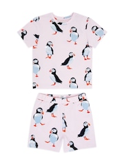 Chelsea Peers Pink Kids Cotton Puffin Print Short Pyjamas Set - Image 1 of 1