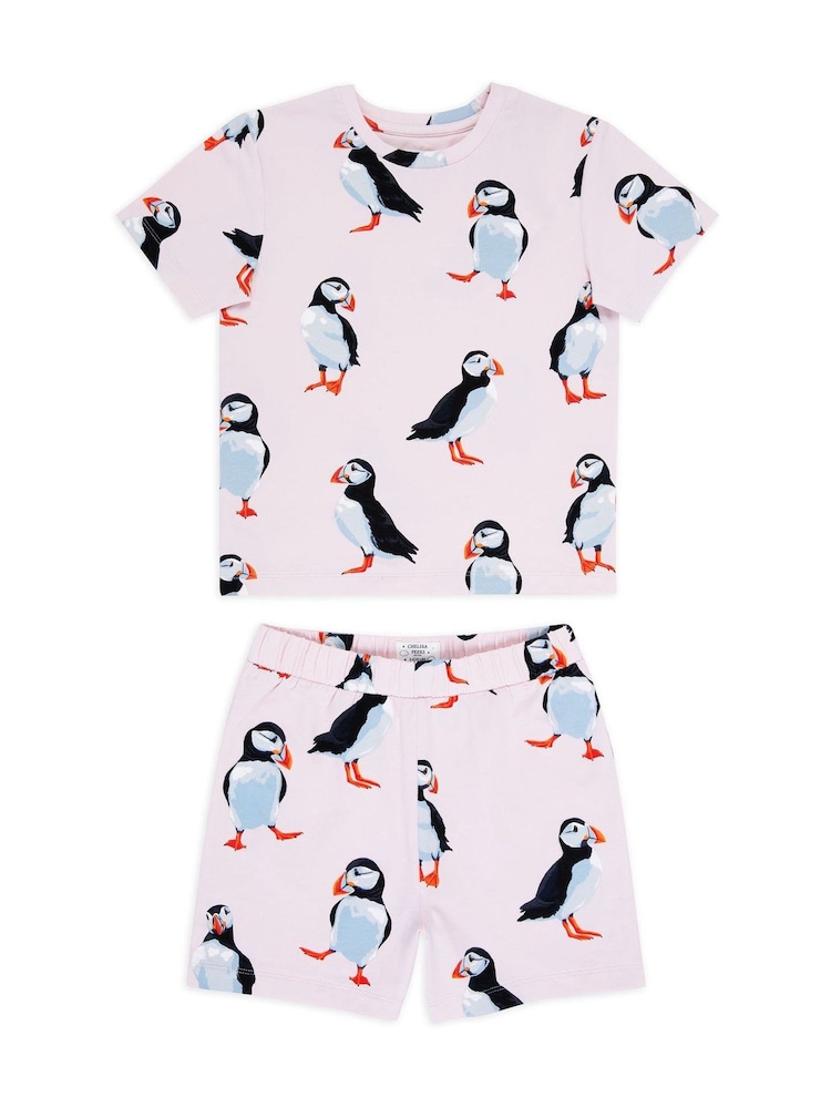 Chelsea Peers Pink Kids Cotton Puffin Print Short Pyjamas Set - Image 1 of 1