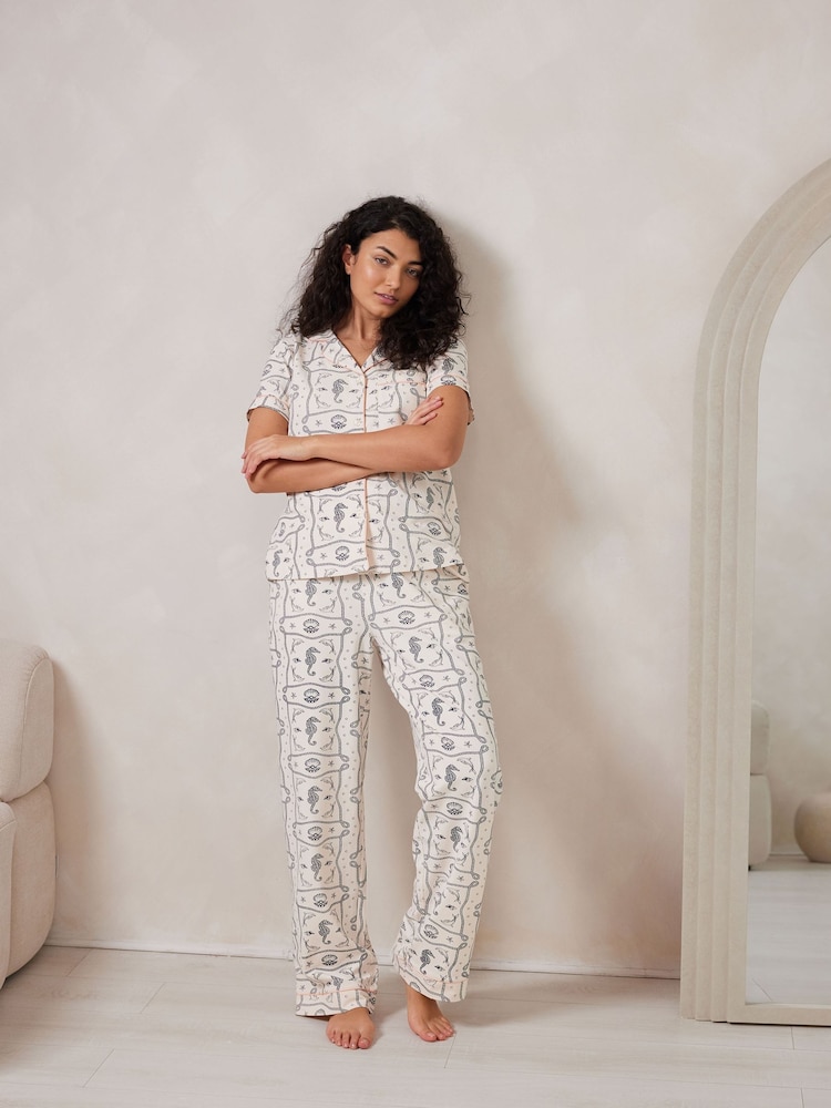Chelsea Peers White Cotton Under the Sea Scarf Print Long Pyjamas Set - Image 1 of 5