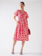 LK Bennett Pink Brigitte Multi Cotton Ikat Floral Gather Detail Dress - Image 1 of 4