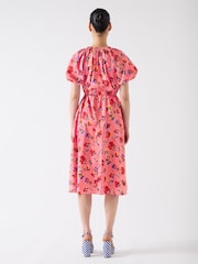 LK Bennett Pink Brigitte Multi Cotton Ikat Floral Gather Detail Dress - Image 2 of 4
