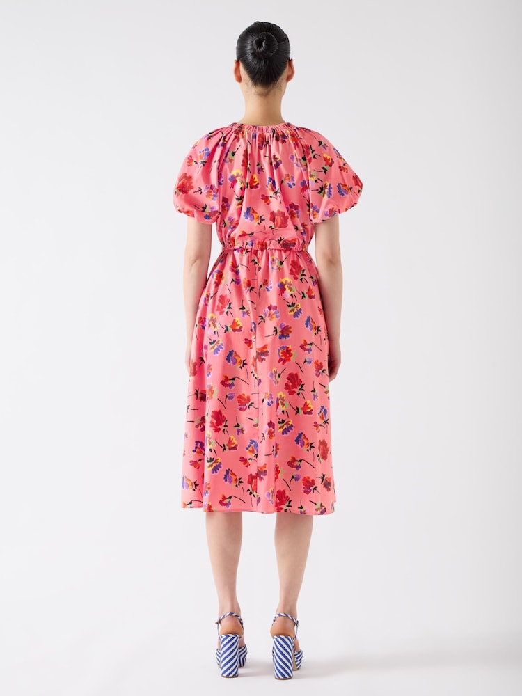 LK Bennett Pink Brigitte Multi Cotton Ikat Floral Gather Detail Dress - Image 2 of 4