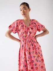 LK Bennett Pink Brigitte Multi Cotton Ikat Floral Gather Detail Dress - Image 4 of 4