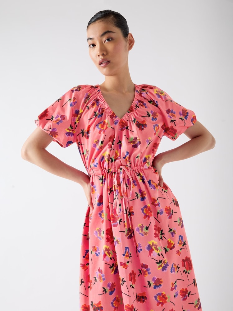 LK Bennett Pink Brigitte Multi Cotton Ikat Floral Gather Detail Dress - Image 4 of 4