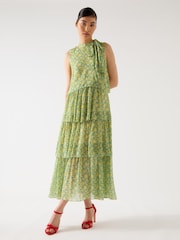 LK Bennett Yellow Kristin Italian Straw Multi Viscose Blossom Print Tiered Georgette Dress - Image 1 of 3