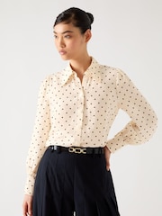 LK Bennett Cream Sonya Italian Straw Multi Silk Ikat Floral Silk Button Through Shirt - Image 4 of 4