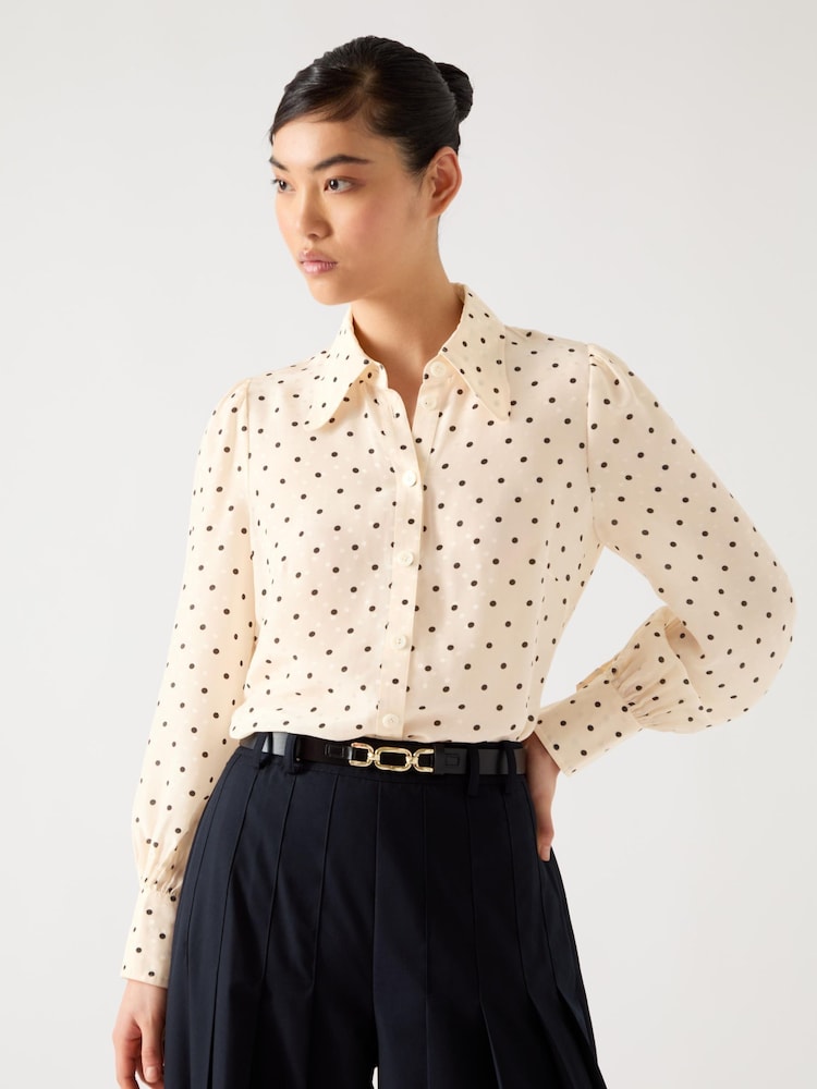 LK Bennett Cream Sonya Italian Straw Multi Silk Ikat Floral Silk Button Through Shirt - Image 4 of 4