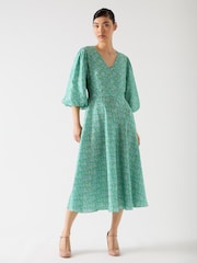 LK Bennett Green Lola Birch Viscose Blend Blossom Print Jacquard Dress With Statement Sleeve - Image 1 of 3