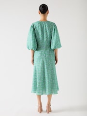 LK Bennett Green Lola Birch Viscose Blend Blossom Print Jacquard Dress With Statement Sleeve - Image 2 of 3