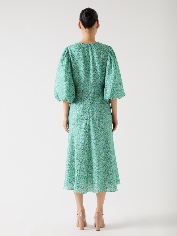 LK Bennett Green Lola Birch Viscose Blend Blossom Print Jacquard Dress With Statement Sleeve - Image 2 of 3