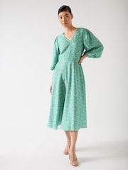 LK Bennett Green Lola Birch Viscose Blend Blossom Print Jacquard Dress With Statement Sleeve - Image 3 of 3