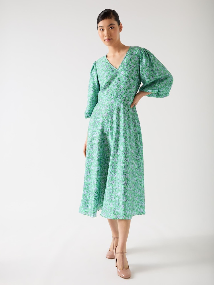 LK Bennett Green Lola Birch Viscose Blend Blossom Print Jacquard Dress With Statement Sleeve - Image 3 of 3