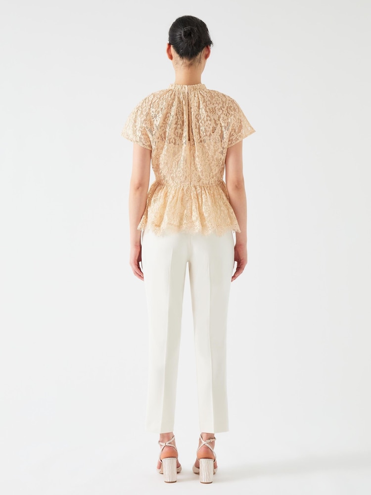 LK Bennett Gold Cecily Cotton Blend Lace Waisted Top - Image 2 of 4