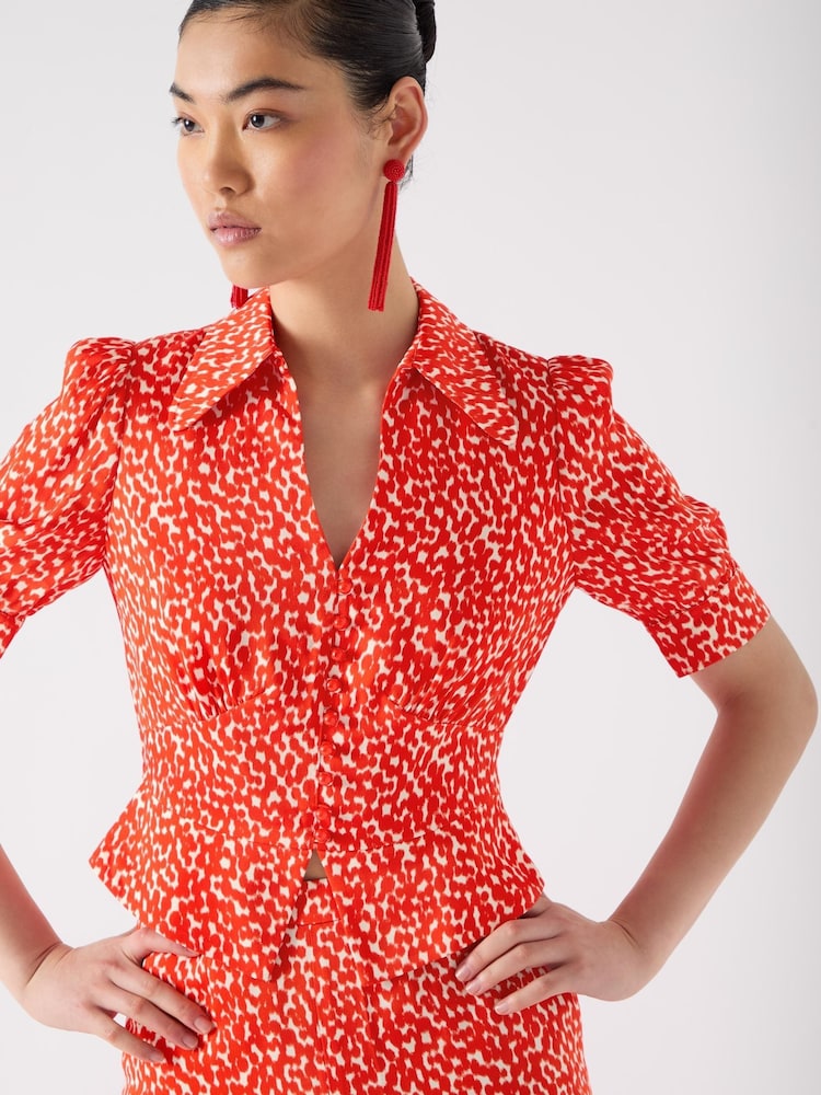 LK Bennett Red Sophie Aurora Viscose Ikat Spot Print Blouse - Image 3 of 3
