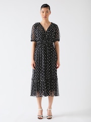 LK Bennett Black Gigi Birch Plissè© Polkadot Midi Dress - Image 1 of 4