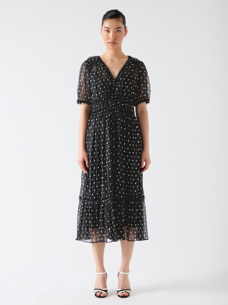 LK Bennett Black Gigi Birch Plissè© Polkadot Midi Dress - Image 1 of 4