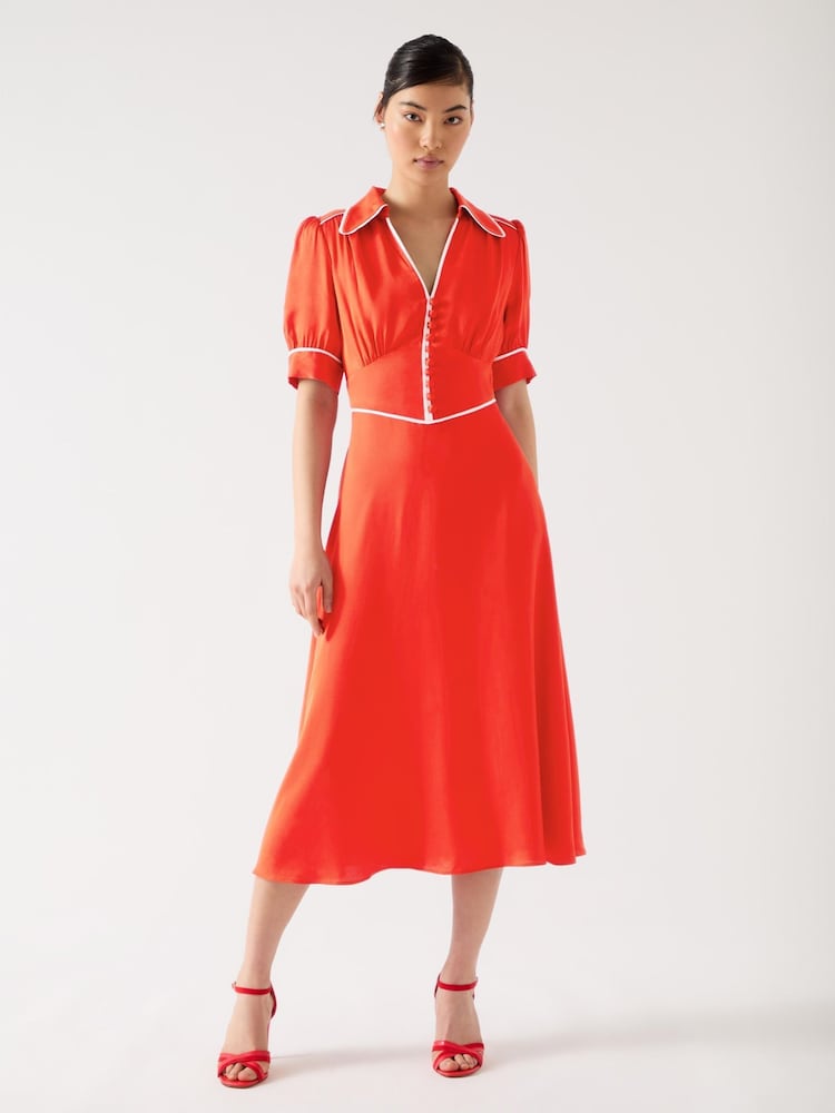 LK Bennett Red Lou Aurora Viscose Contrast Trim Satin Crepe Dress - Image 1 of 4