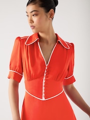 LK Bennett Red Lou Aurora Viscose Contrast Trim Satin Crepe Dress - Image 3 of 4