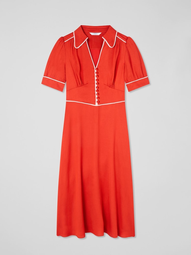 LK Bennett Red Lou Aurora Viscose Contrast Trim Satin Crepe Dress - Image 4 of 4