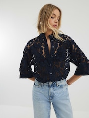River Island Blue Collar Lace Shirt - Image 1 of 4