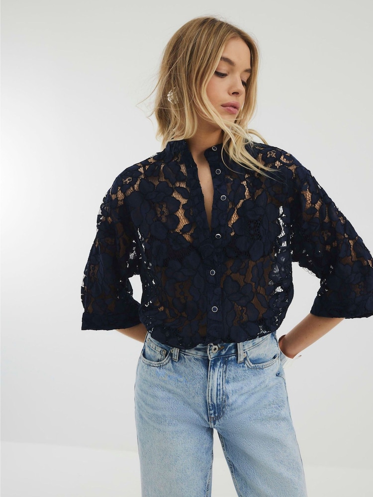 River Island Blue Collar Lace Shirt - Image 1 of 4
