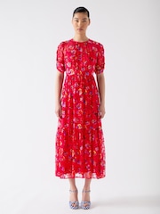 LK Bennett Red Tilly Aurora Silk Blend Ikat Floral Print Dress With Devorè© - Image 1 of 3