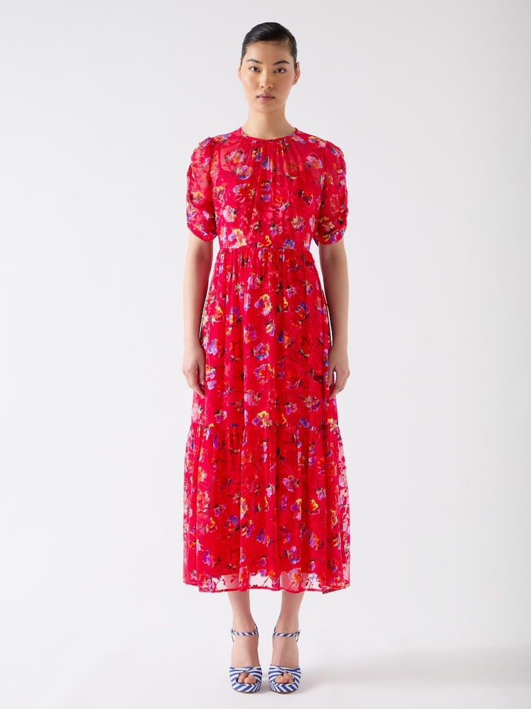 LK Bennett Red Tilly Aurora Silk Blend Ikat Floral Print Dress With Devorè© - Image 1 of 3