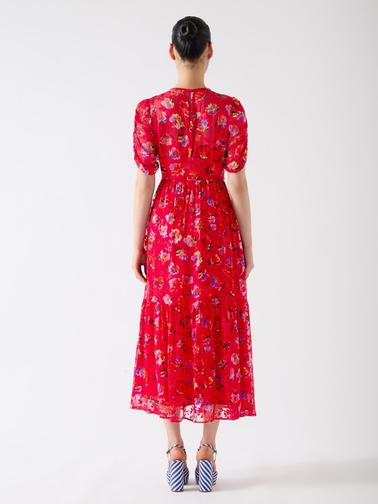 LK Bennett Red Tilly Aurora Silk Blend Ikat Floral Print Dress With Devorè© - Image 2 of 3