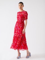 LK Bennett Red Tilly Aurora Silk Blend Ikat Floral Print Dress With Devorè© - Image 3 of 3