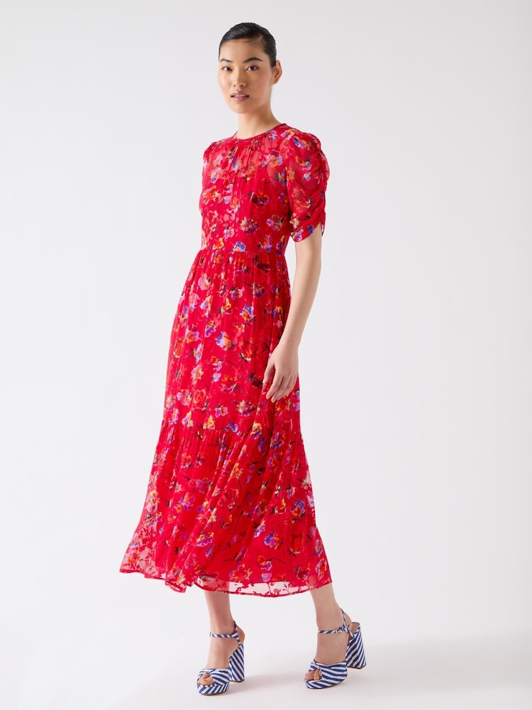 LK Bennett Red Tilly Aurora Silk Blend Ikat Floral Print Dress With Devorè© - Image 3 of 3