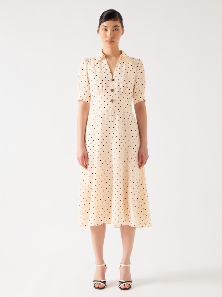 LK Bennett Cream Sophie Birch Viscose Blend 30'S Polka Dot Print Collared Dress - Image 1 of 4