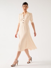 LK Bennett Cream Sophie Birch Viscose Blend 30'S Polka Dot Print Collared Dress - Image 3 of 4