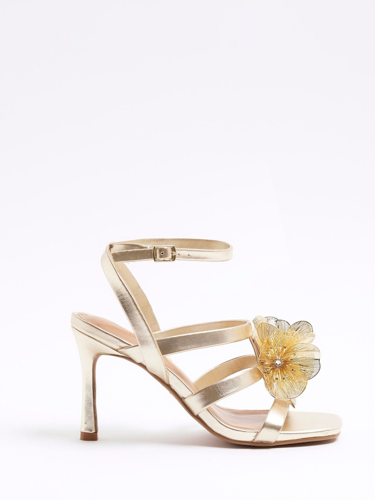 River Island Gold Floral Trim Heeled Strappy Sandals - Image 2 of 6 River Island Gold Floral Trim Heeled Strappy Sandals - Image 2 of 6