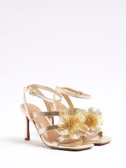 River Island Gold Floral Trim Heeled Strappy Sandals - Image 3 of 6