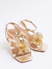 River Island Gold Floral Trim Heeled Strappy Sandals - Image 4 of 6