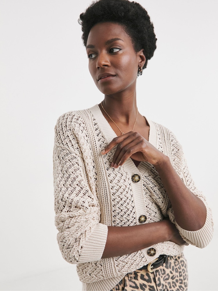 JD Williams Natural Crochet Button Down Cardigan - Image 1 of 4