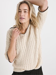 JD Williams Natural 100% Cotton Crochet Short Sleeve Collared Jumper - Image 1 of 5