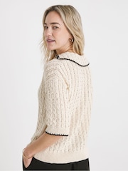 JD Williams Natural 100% Cotton Crochet Short Sleeve Collared Jumper - Image 2 of 5