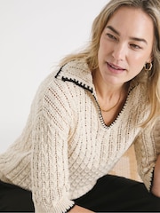 JD Williams Natural 100% Cotton Crochet Short Sleeve Collared Jumper - Image 4 of 5