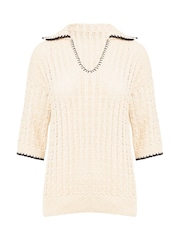 JD Williams Natural 100% Cotton Crochet Short Sleeve Collared Jumper - Image 5 of 5