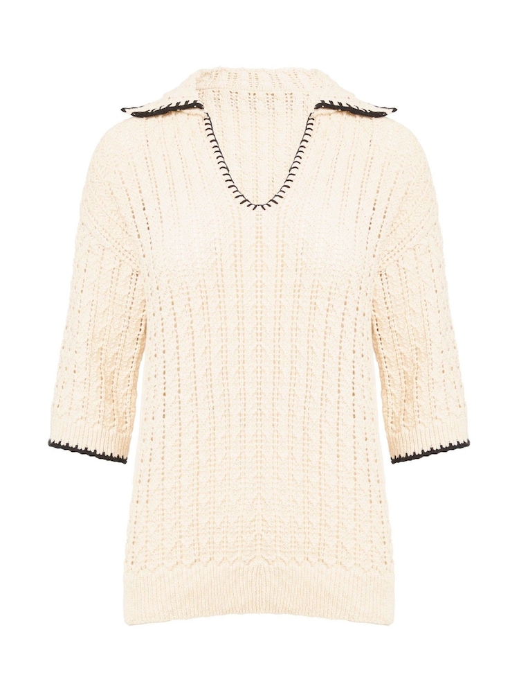JD Williams Natural 100% Cotton Crochet Short Sleeve Collared Jumper - Image 5 of 5