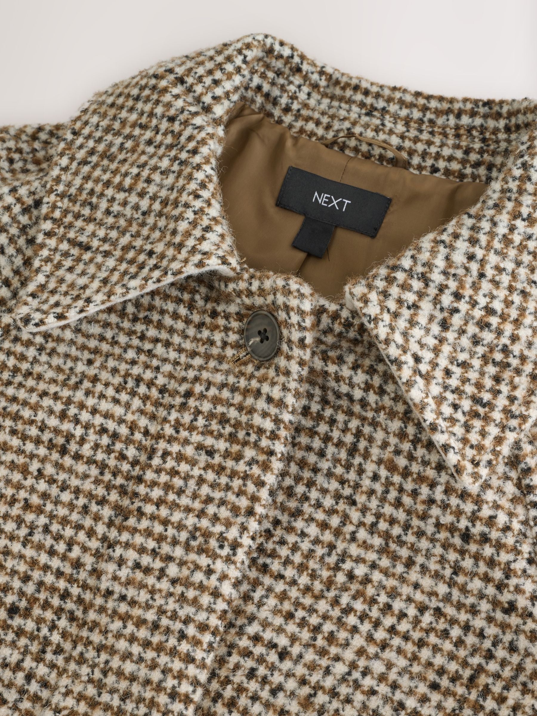 Buy Neutral Houndstooth Single Breasted Longline Collared Coat